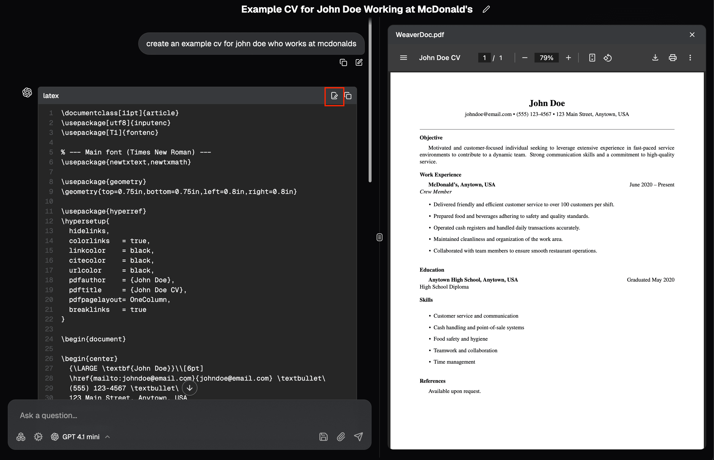 Screenshot of generated PDF viewing