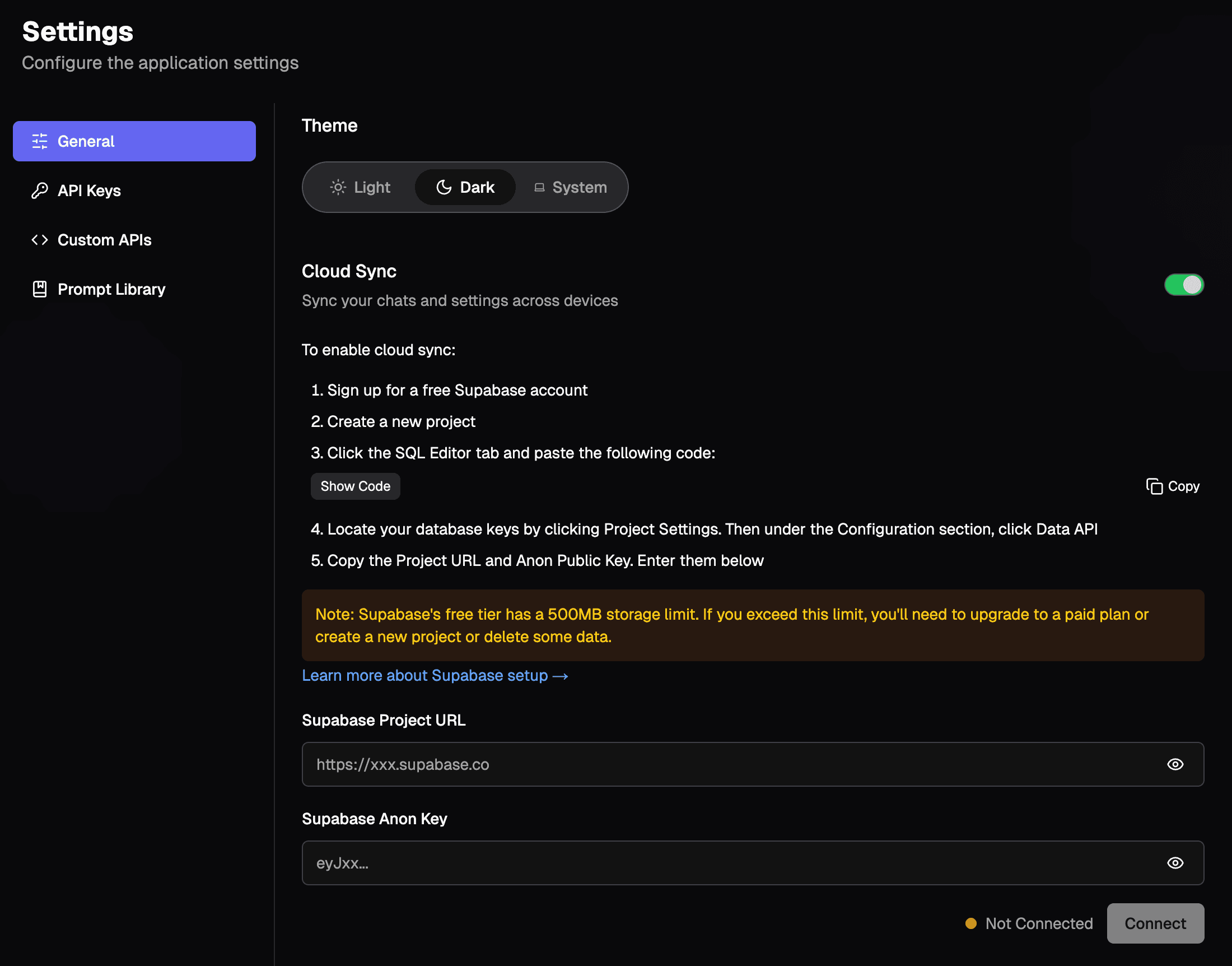 Supabase integration settings