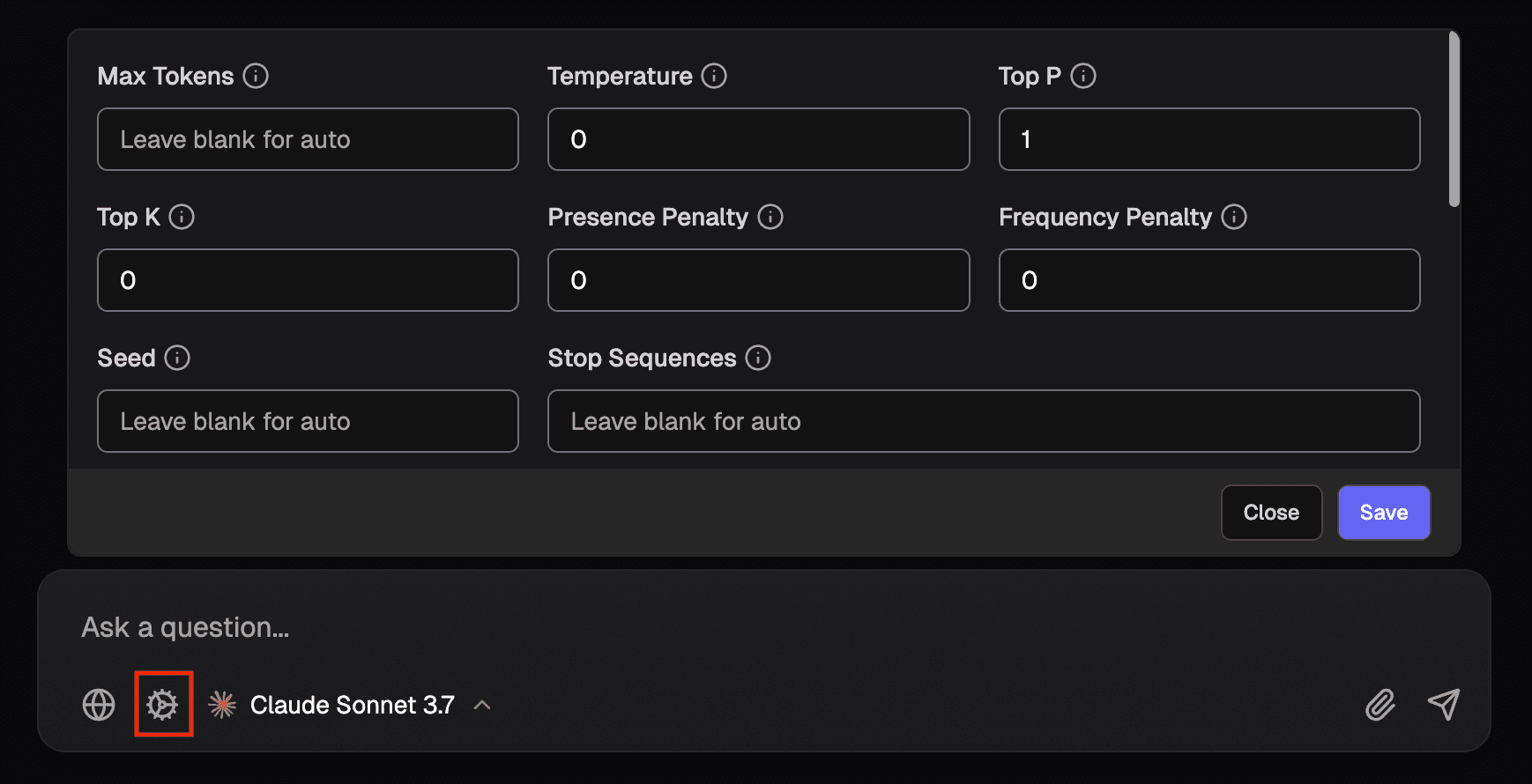 Screenshot of chat config