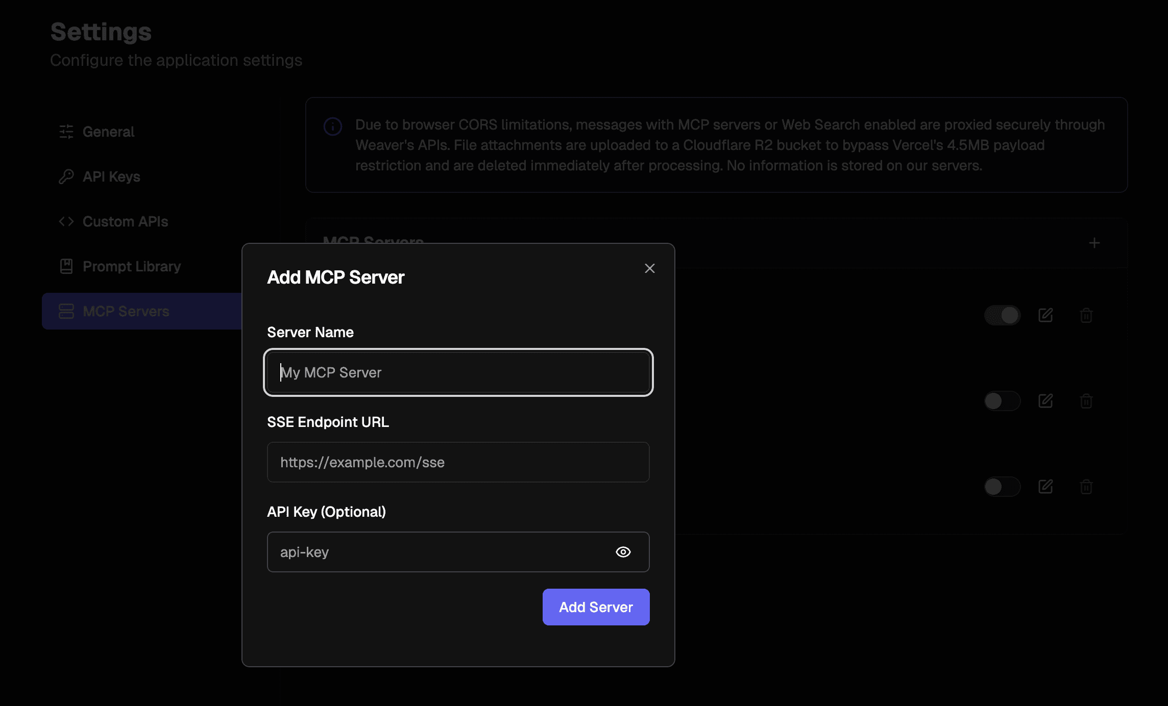 Screenshot of MCP server configuration