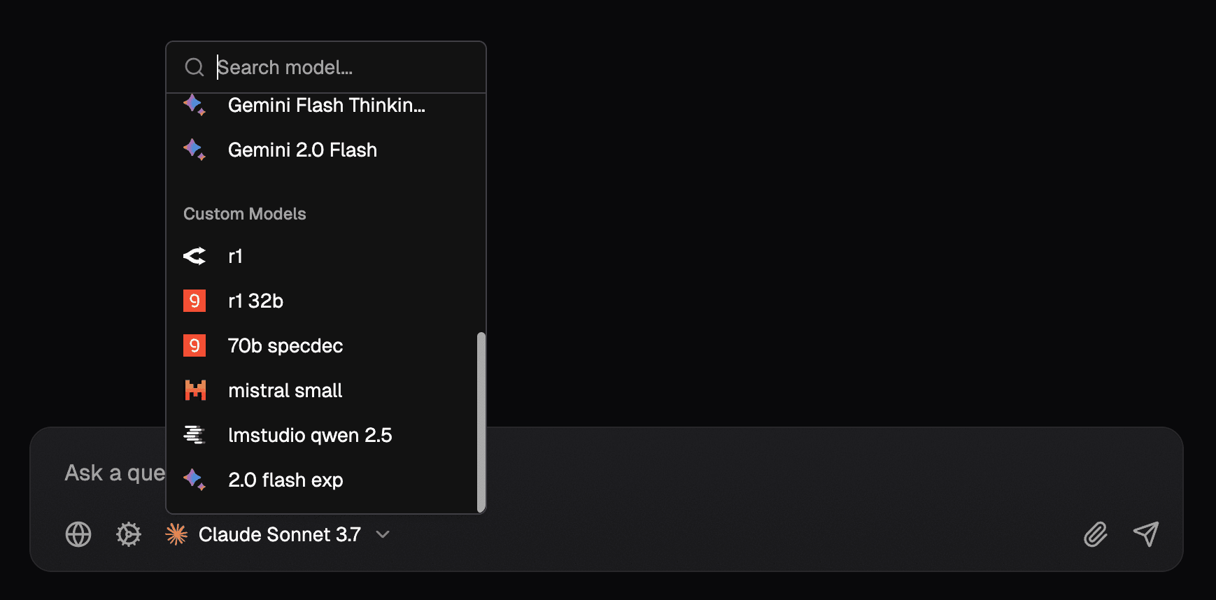 Screenshot of models list