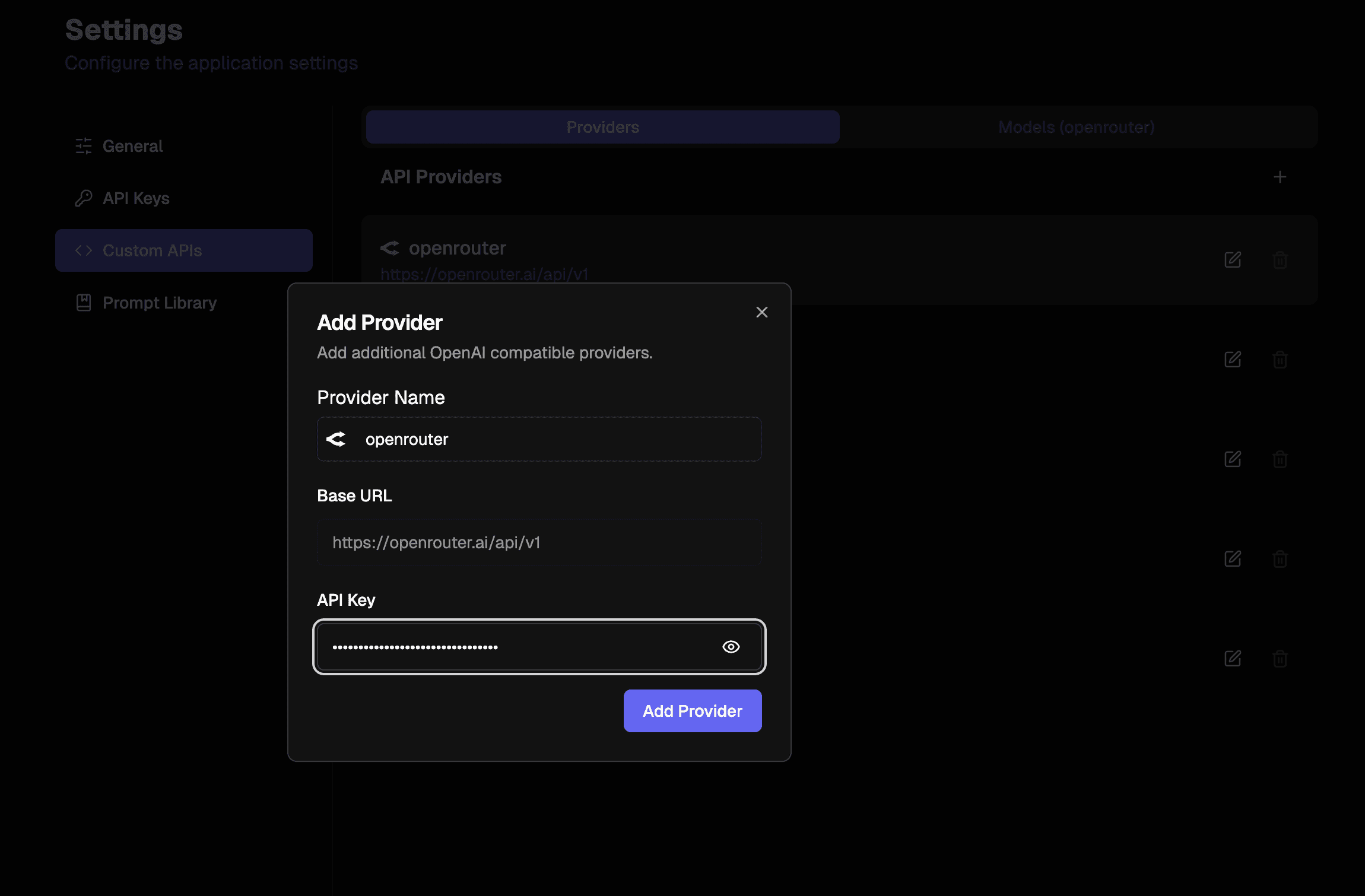 Screenshot of provider modal
